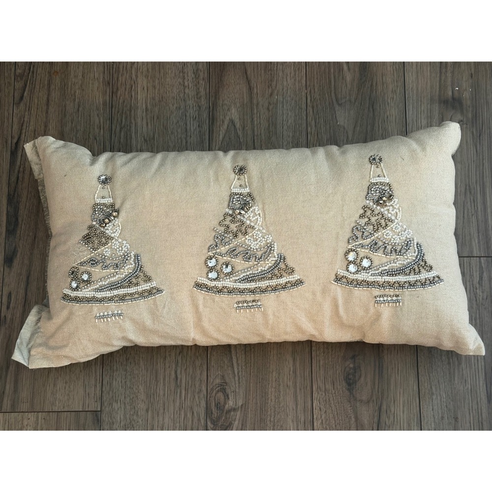 Pier 1 Champagne Beaded Christmas Tree Accent Lumbar Pillow 24" Luxe